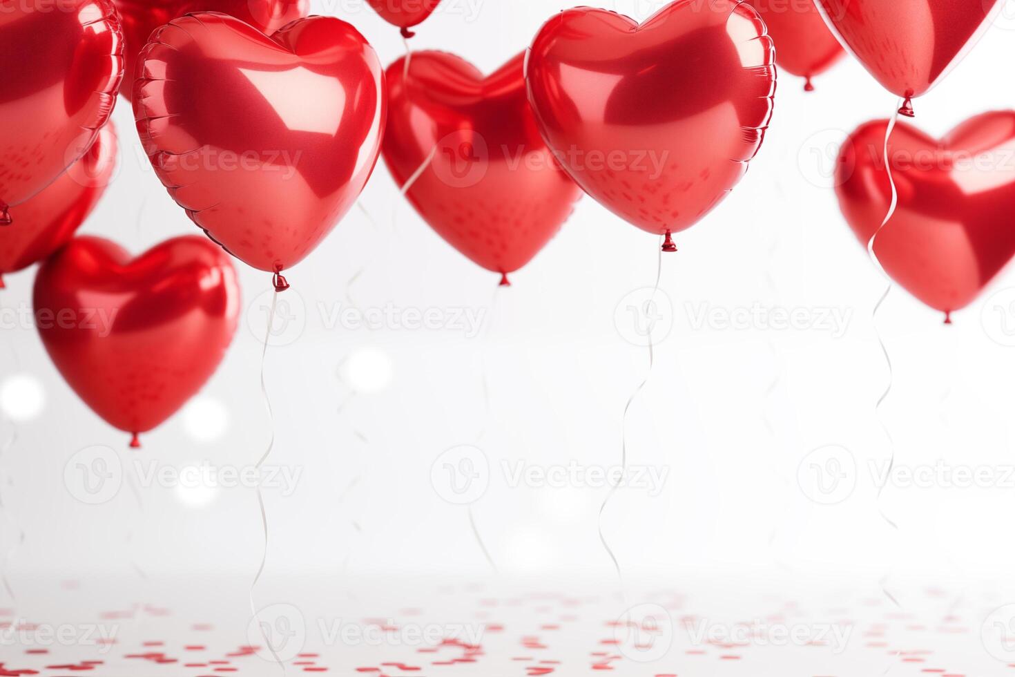 ai generato elegante rosso metallico San Valentino cuore palloncini su un' pianura bianca grafico sfondo san valentino giorno romantico bokeh morbido illuminazione foto