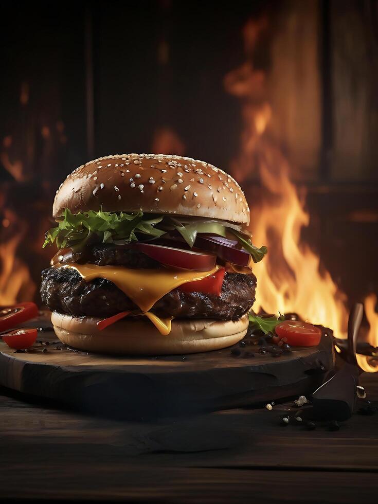 fresco gustoso Manzo hamburger con poco vapore su buio sfondo. fatti in casa Hamburger. commerciale promozionale cibo foto