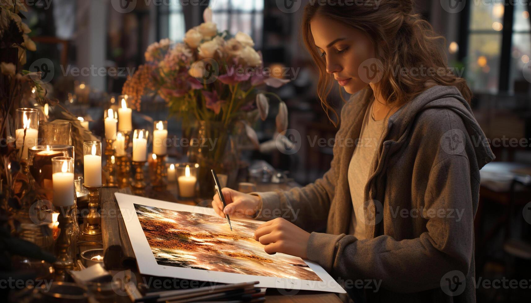 ai generato giovane donna seduta a tavolo, Tenere candela, sorridente generato di ai foto