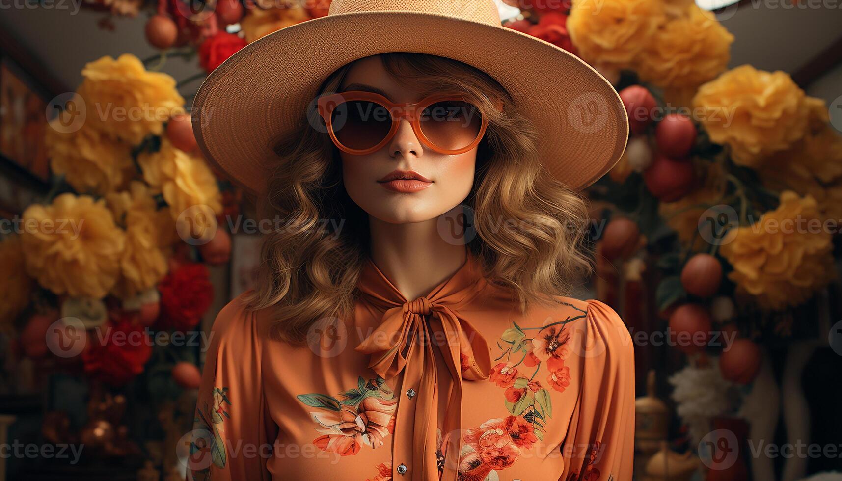 ai generato giovane donna nel occhiali da sole, sorridente, circondato di fiori generato di ai foto