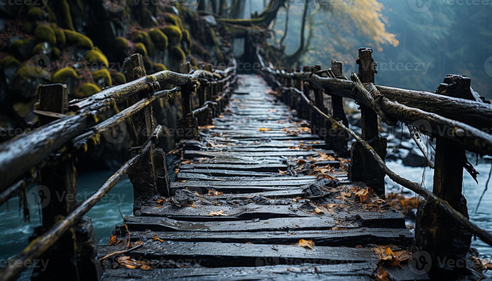 ai generato tranquillo scena di vecchio ponte nel autunno foresta generato di ai foto