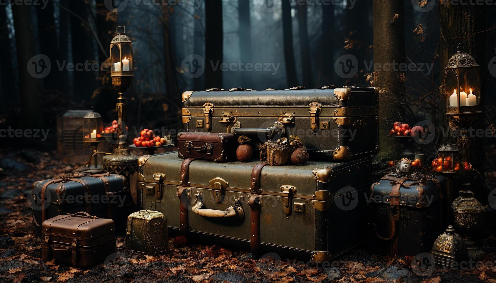 ai generato vecchio stile valigia abbandonato nel buio autunno foresta generato di ai foto