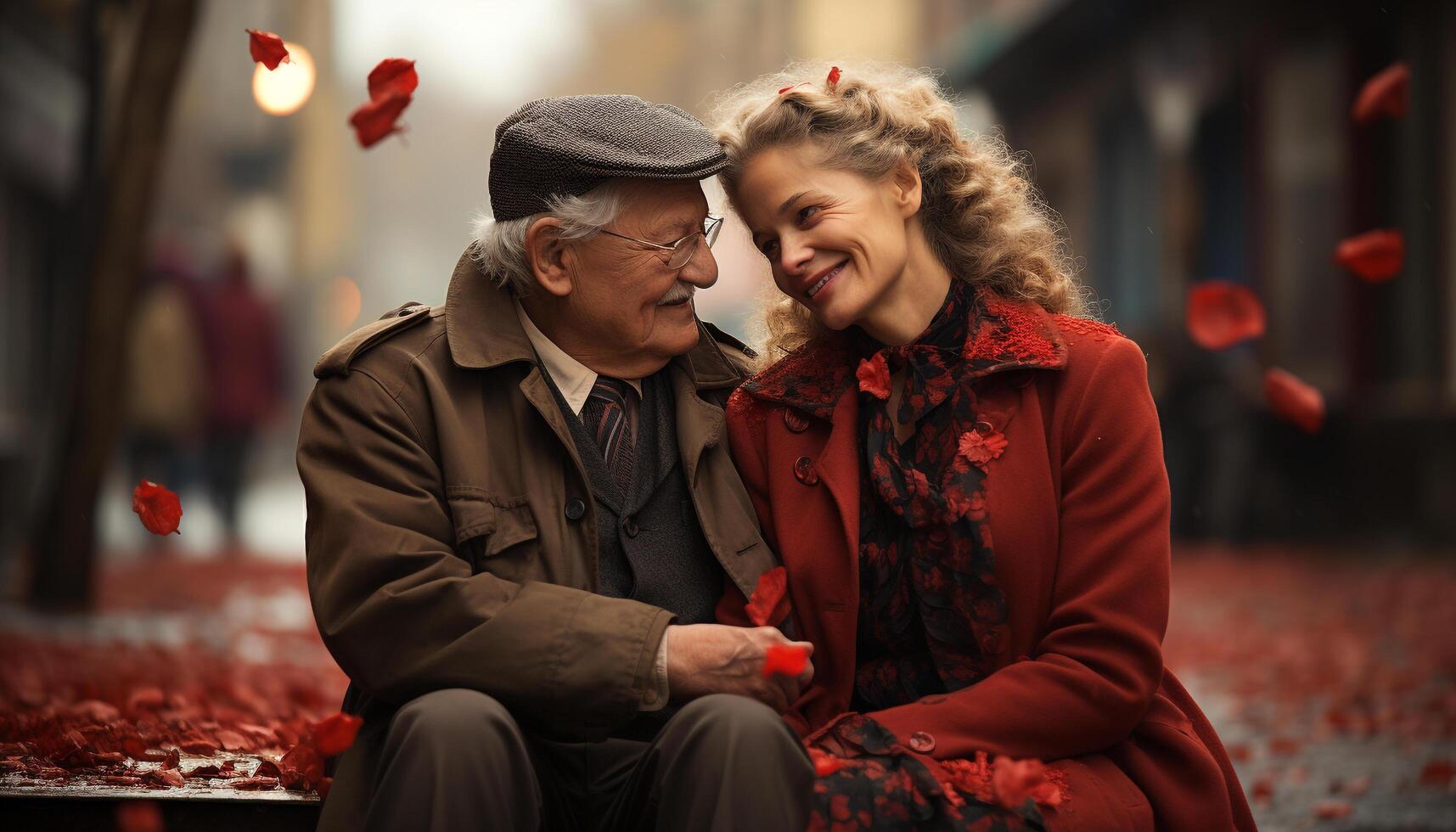 ai generato anziano coppia godendo autunno all'aperto, sorridente e Abbracciare una persona generato di ai foto