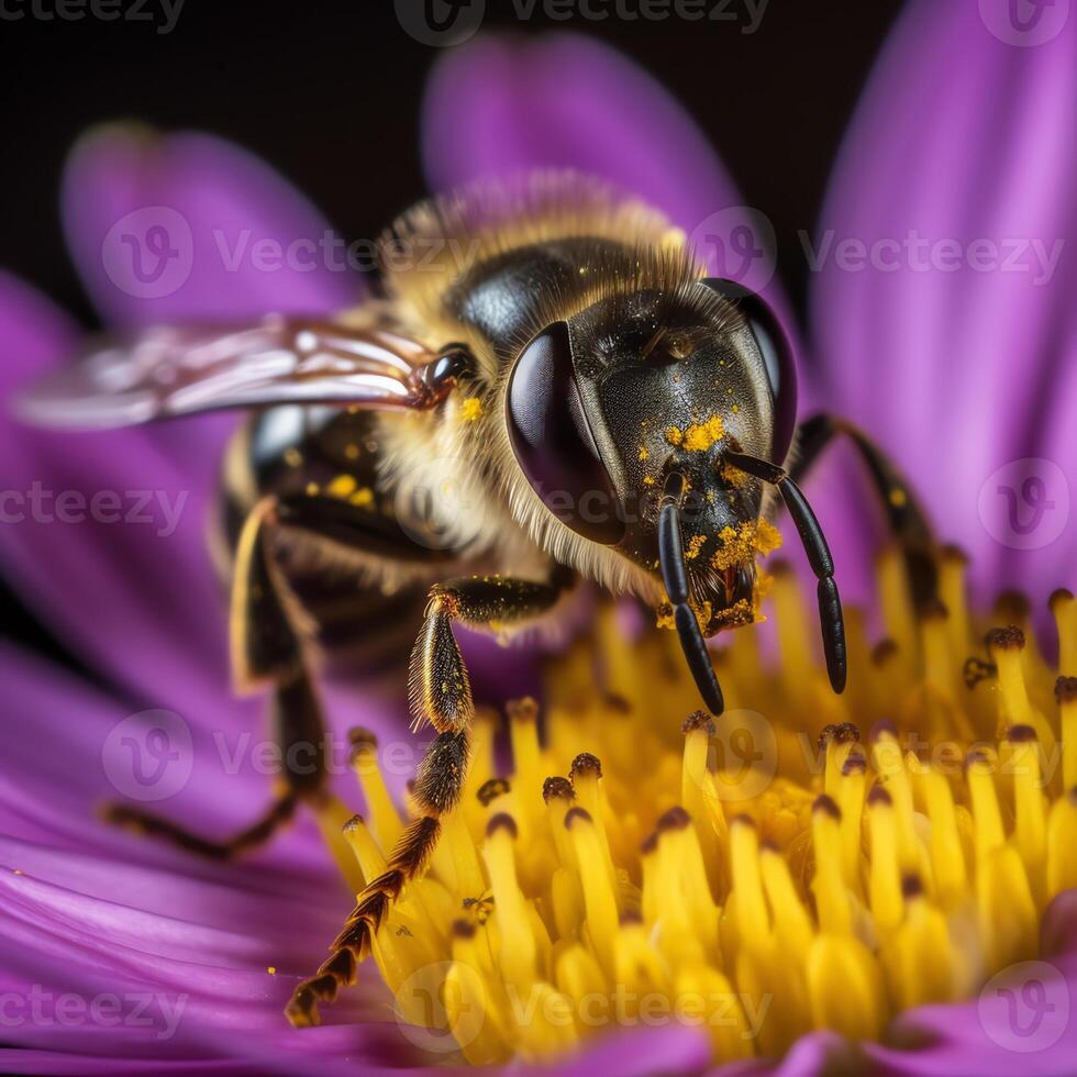 ai generato un' ape è seduta su un' fiore foto