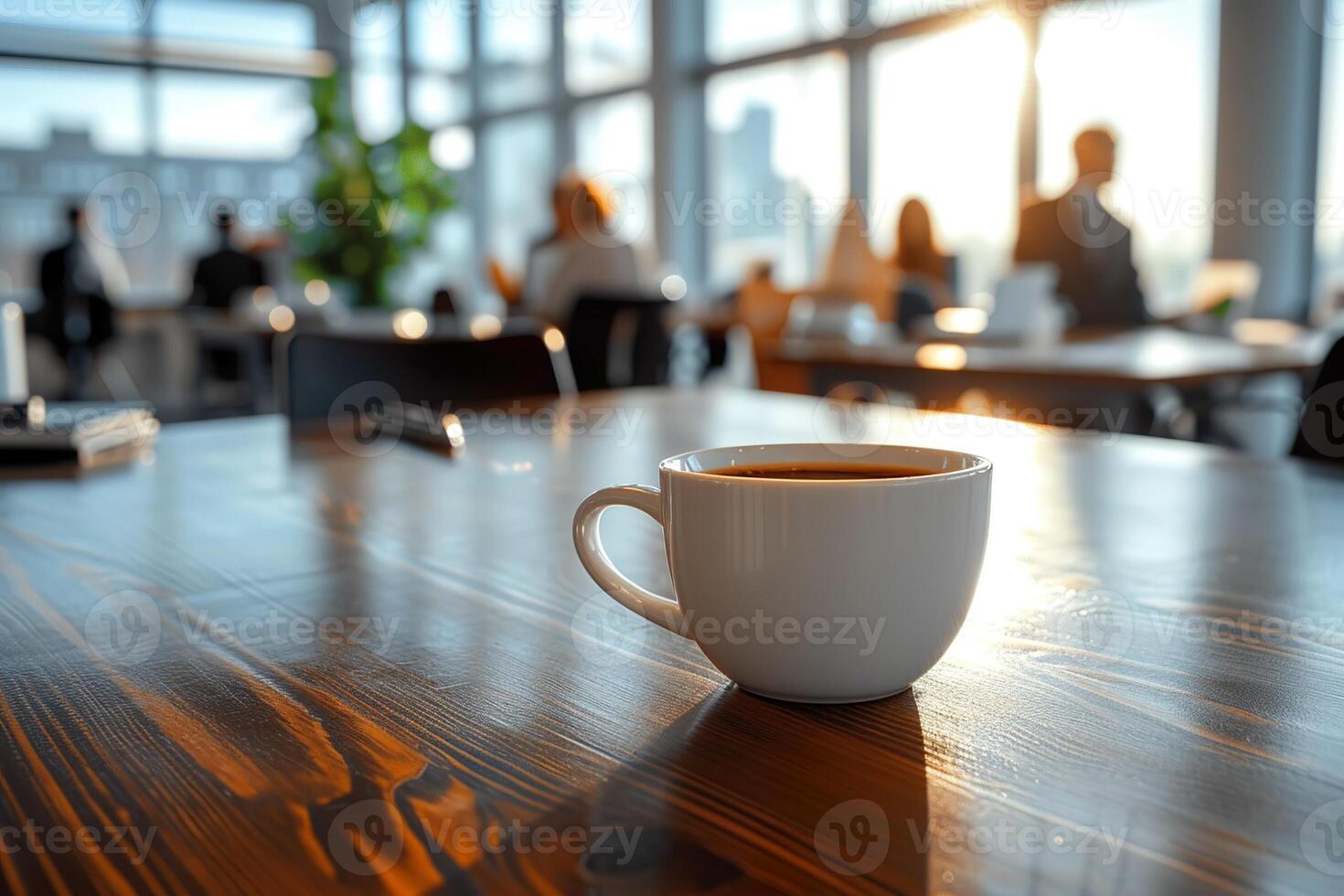 ai generato tazza di caffè su il tavolo nel il ufficio nel il sfondo con ufficio lavoratori. foto