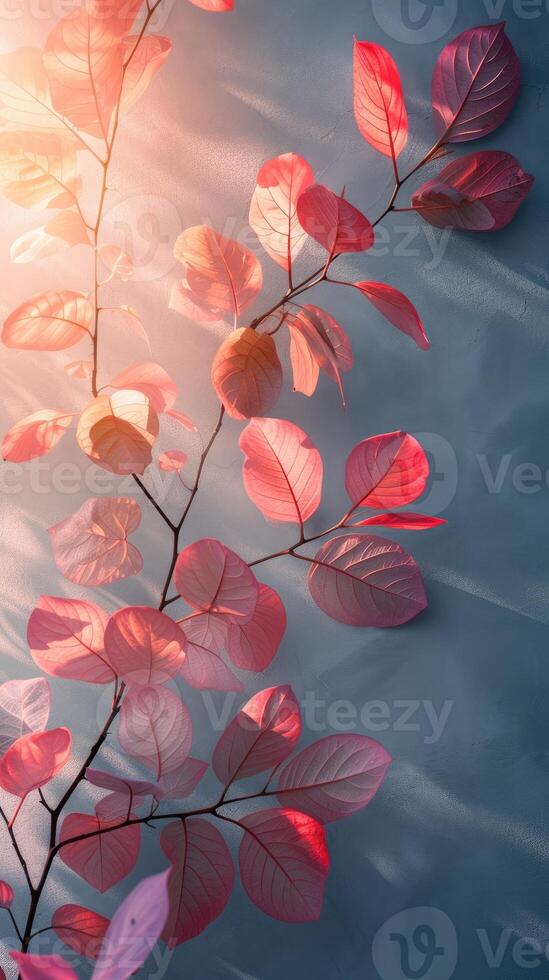 ai generato radiante rosso le foglie contro lunatico blu botanico sfondo. sfondo per instagram storia, bandiera foto