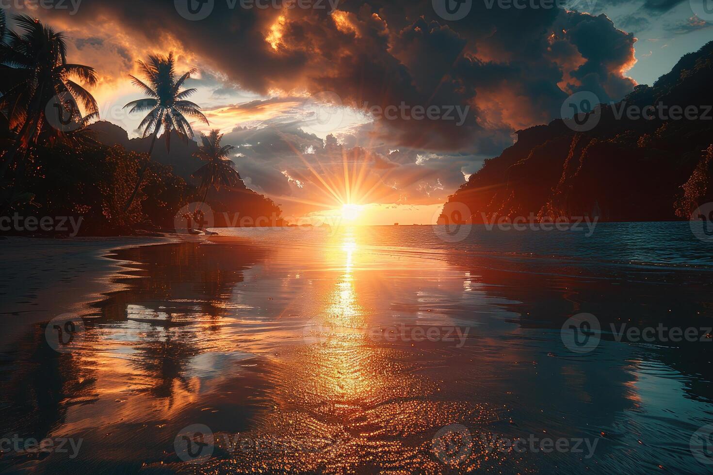 ai generato bellissimo tropicale tramonto su oceano spiaggia professionale fotografia foto