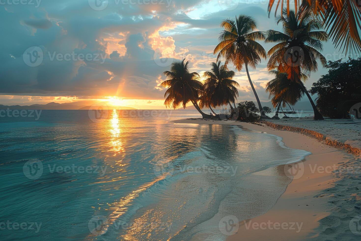 ai generato bellissimo tropicale tramonto su oceano spiaggia professionale fotografia foto