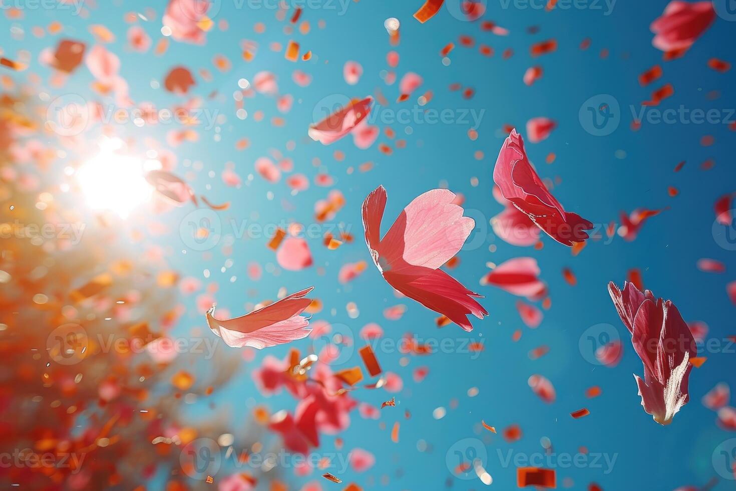 ai generato petalo fiori coriandoli caduta a partire dal un' luminosa blu cielo su un autunno o primavera professionale fotografia foto