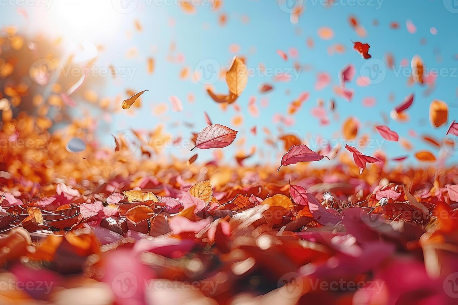 ai generato petalo fiori coriandoli caduta a partire dal un' luminosa blu cielo su un autunno o primavera professionale fotografia foto