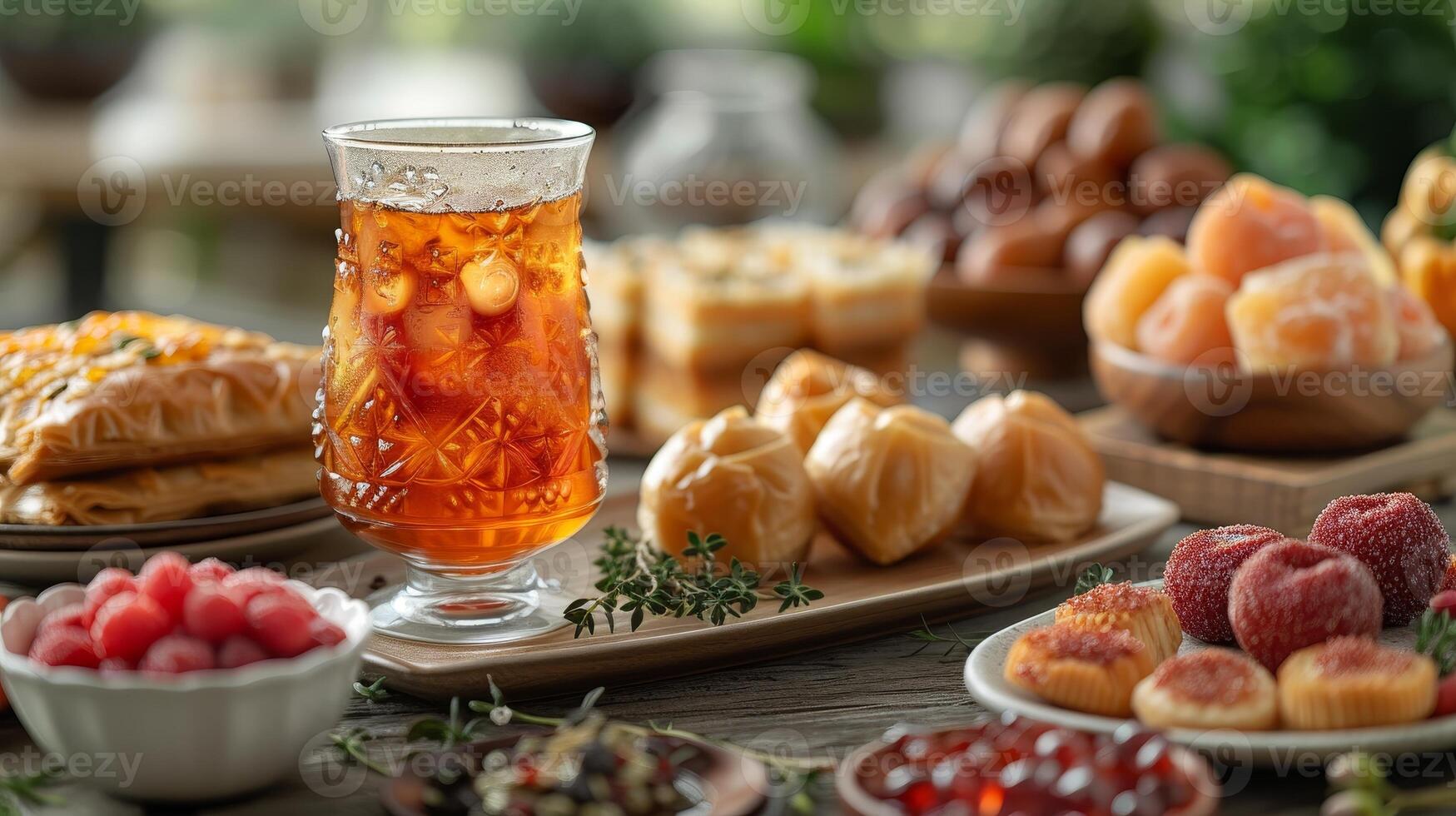 ai generato il Ramadan kareem iftar pasto incluso date, baklava, tradizionale Arabo dolci, frutta, e rosa sorbetto bevanda. foto