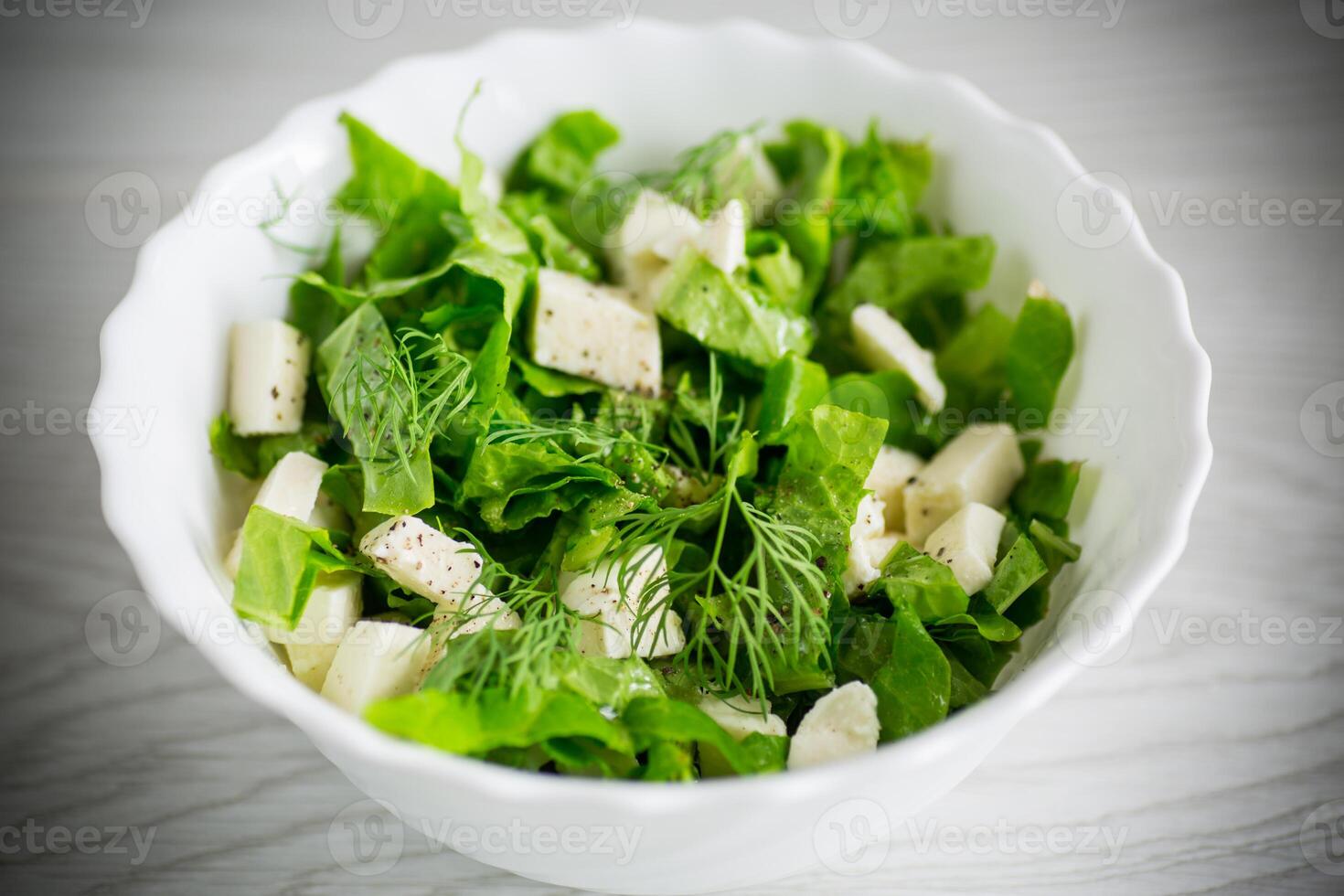 fresco verde lattuga insalata con Mozzarella e erbe aromatiche nel un' ciotola foto