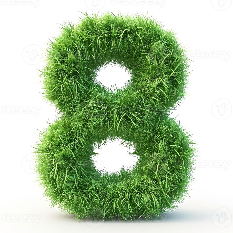 ai generato un' unico numero 8 coperto nel luminosa verde erba, in mostra un' vivido e lussureggiante struttura contro un' bianca sfondo. foto