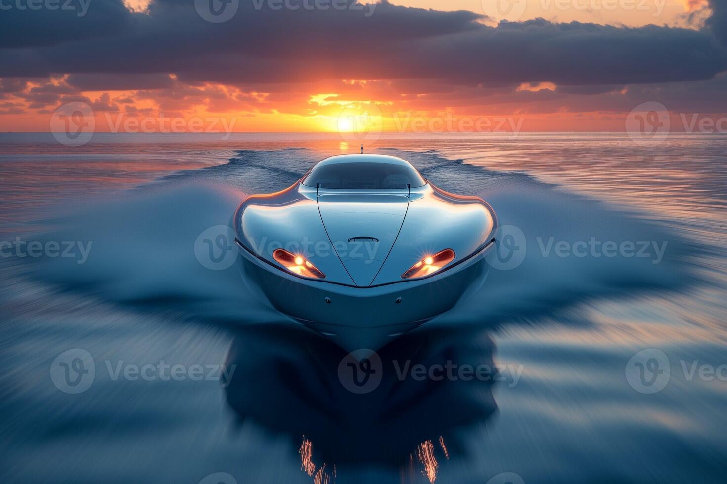 ai generato un' velocità barca è in viaggio attraverso il acqua a tramonto foto