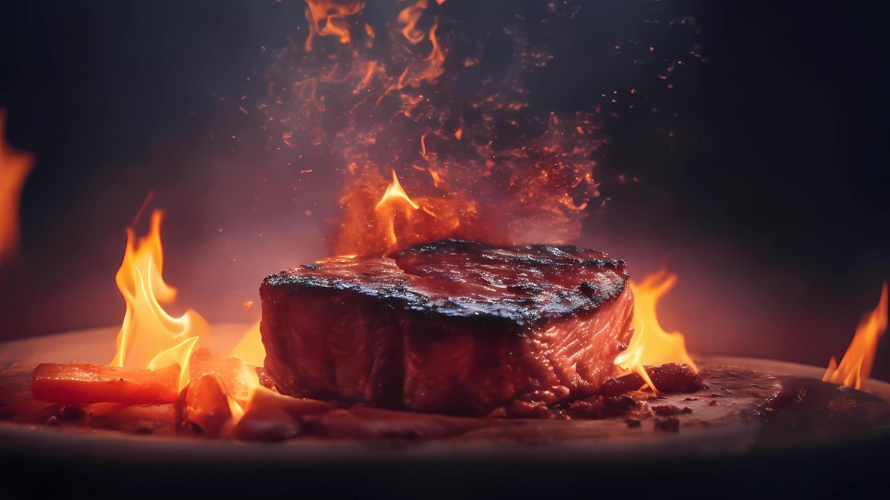 ai generato un' grande bistecca è essere cucinato su un' piatto foto
