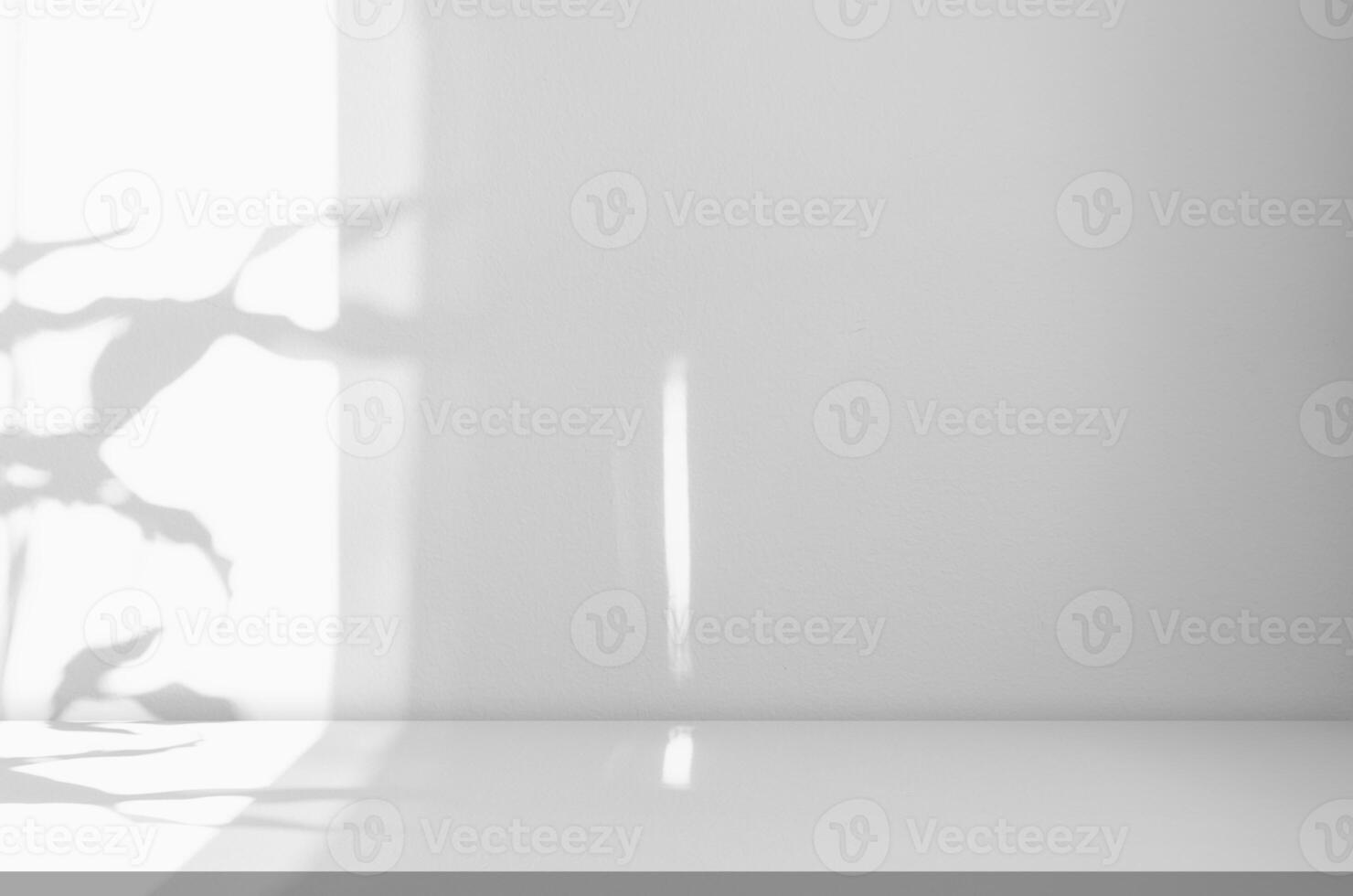 bianca parete studio sfondo.vuoto grigio camera sfondo con luce, le foglie ombra su tavolo superiore superficie trama, sfondo modello Schermo podio design per visualizzazione Prodotto presente di cosmetico bandiera foto