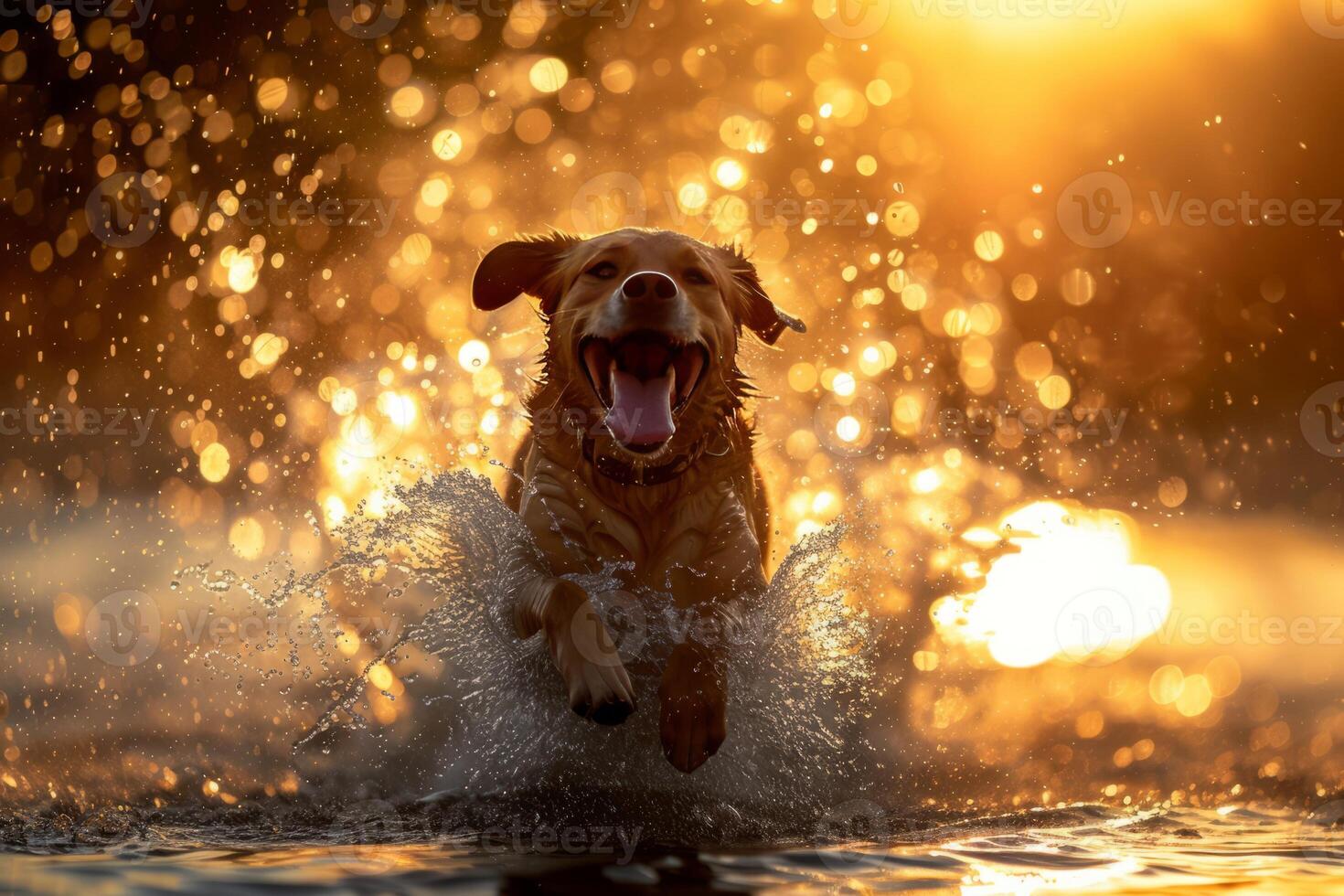 ai generato un' cane con un Aperto bocca salti su il acqua, raccolta spruzzi nel il di sole raggi foto