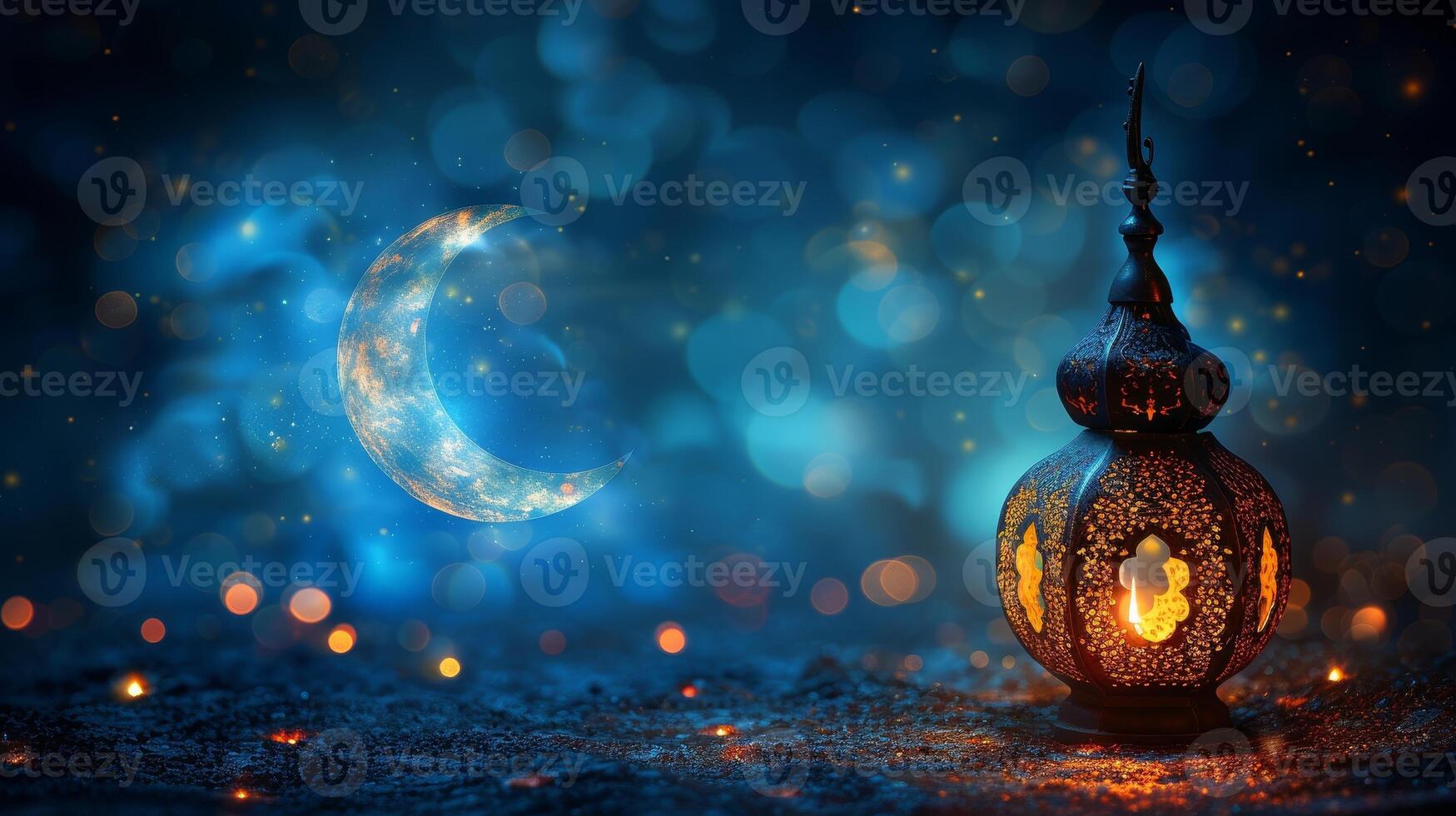 ai generato Luna, arabo lanterne, e astratto sfocato luci - Ramadan kareem - eid ul Fitr foto