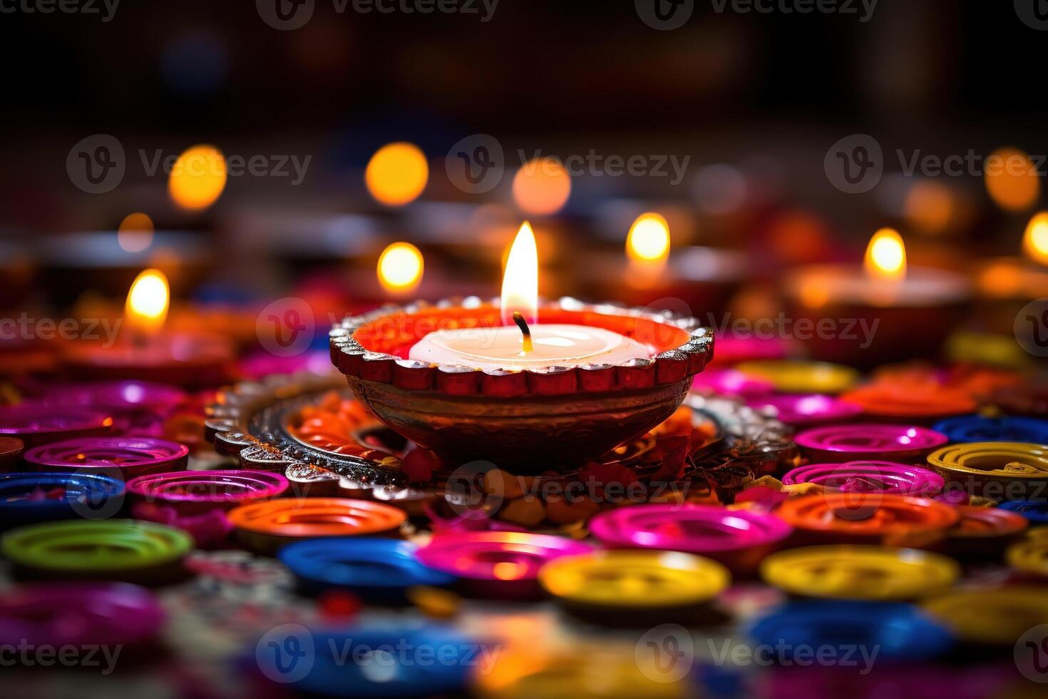 ai generato contento Diwali - colorato argilla diya lampade illuminato durante Diwali celebrazione con copia spazio foto