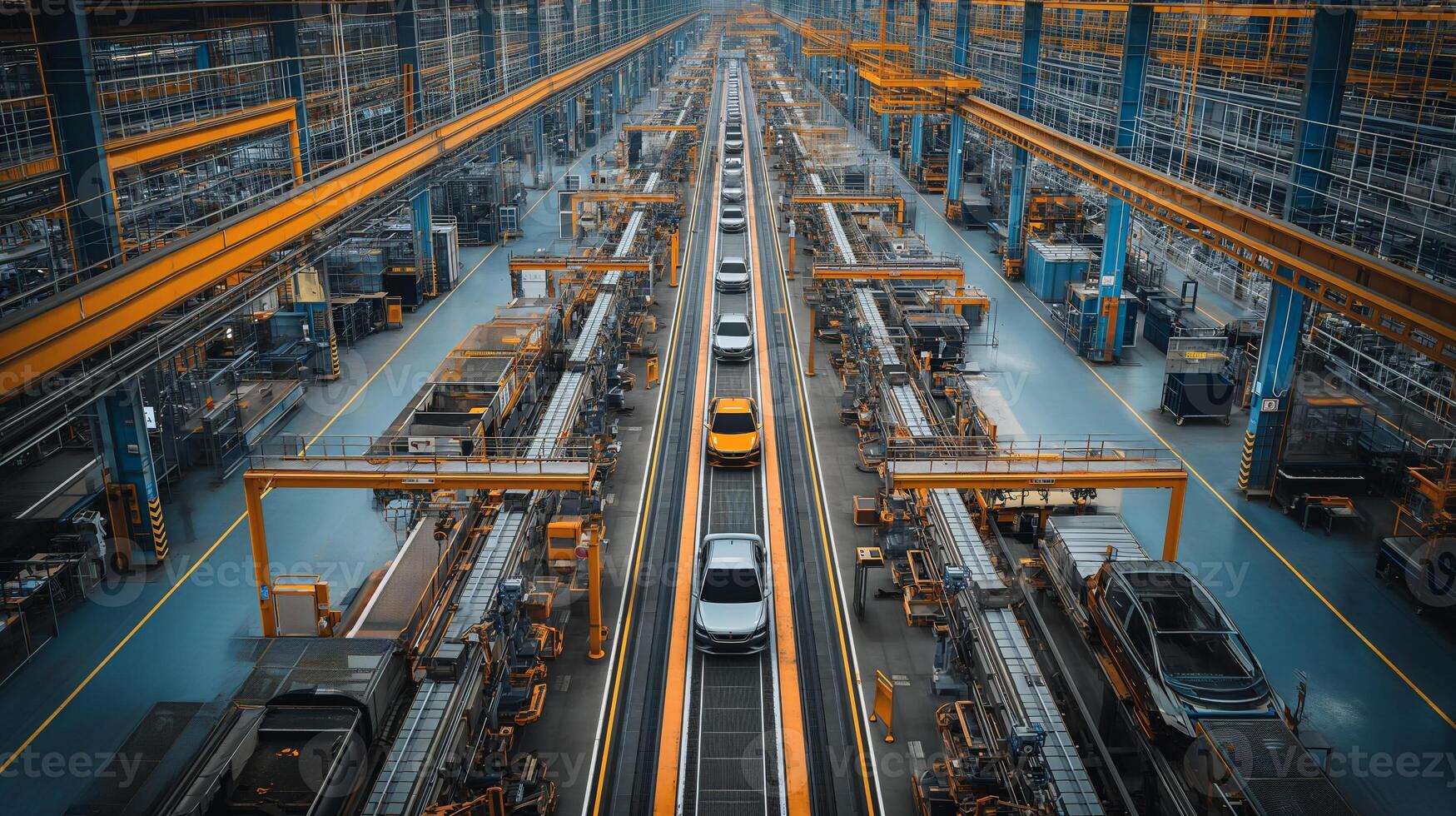 ai generato alto Visualizza di un' snella auto montaggio linea dentro un' contemporaneo veicolo fabbrica, in mostra automazione nel settore automobilistico produzione. foto