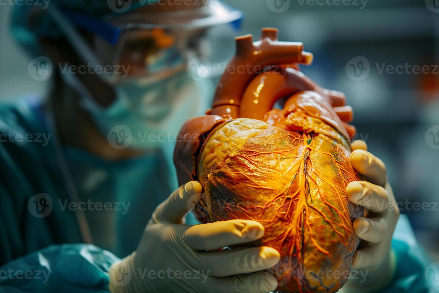 ai generato un' chirurgo nel scrub ispeziona un' altamente dettagliato anatomico modello di il umano cuore nel un' clinico ambientazione. foto