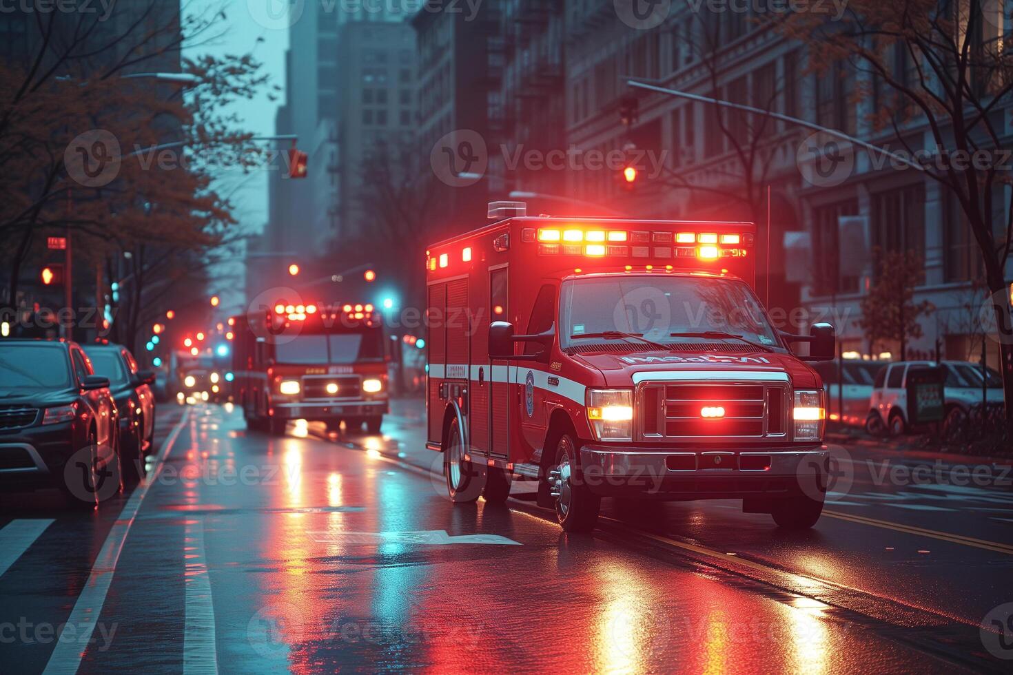 ai generato ambulanze con lampeggiante luci corsa attraverso bagnato urbano strade durante un' piovoso sera emergenza risposta. foto