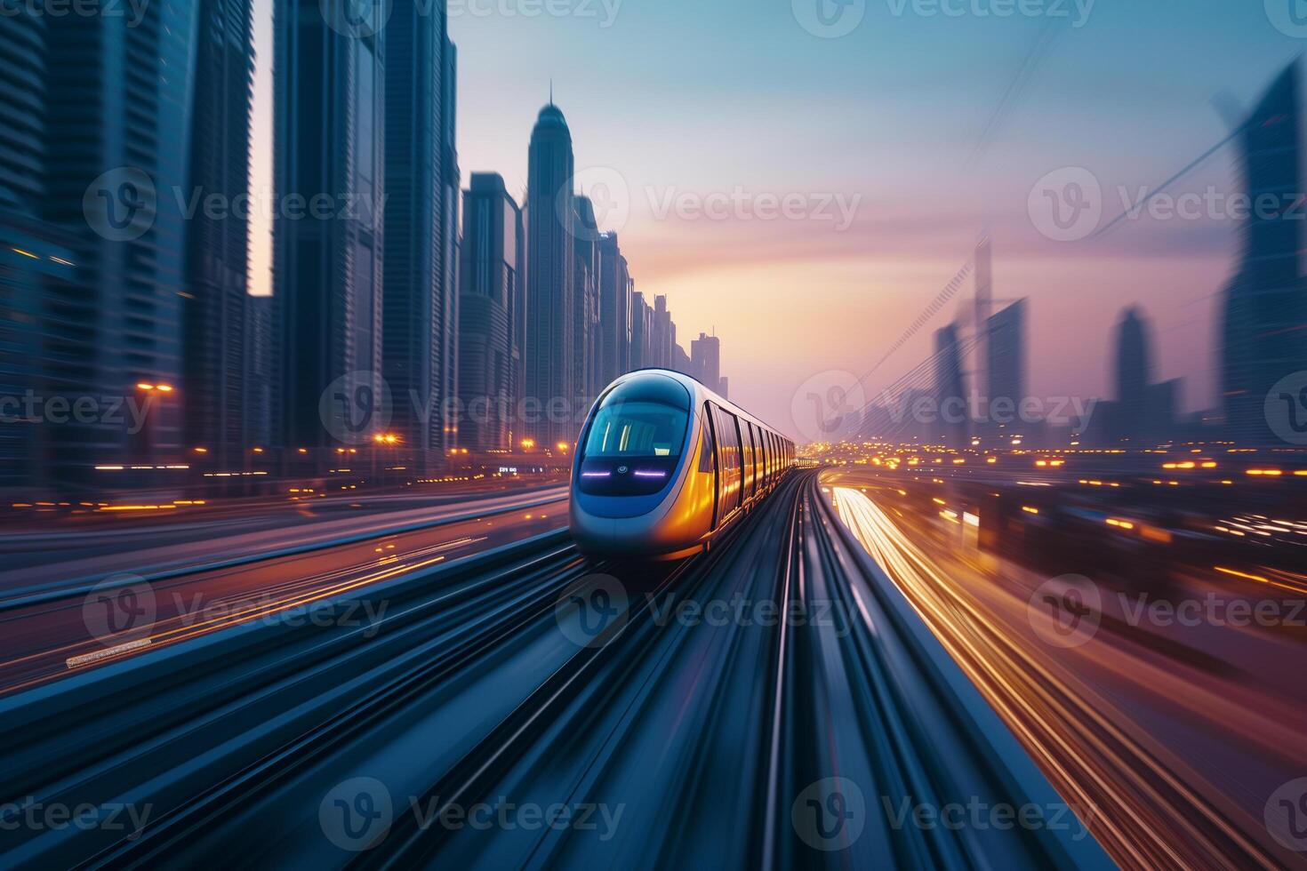 ai generato mezzi di trasporto concetto, un' elegante futuristico treno velocità lungo suo traccia, taglio attraverso un' paesaggio urbano contro il fondale di un' vivace tramonto cielo. foto