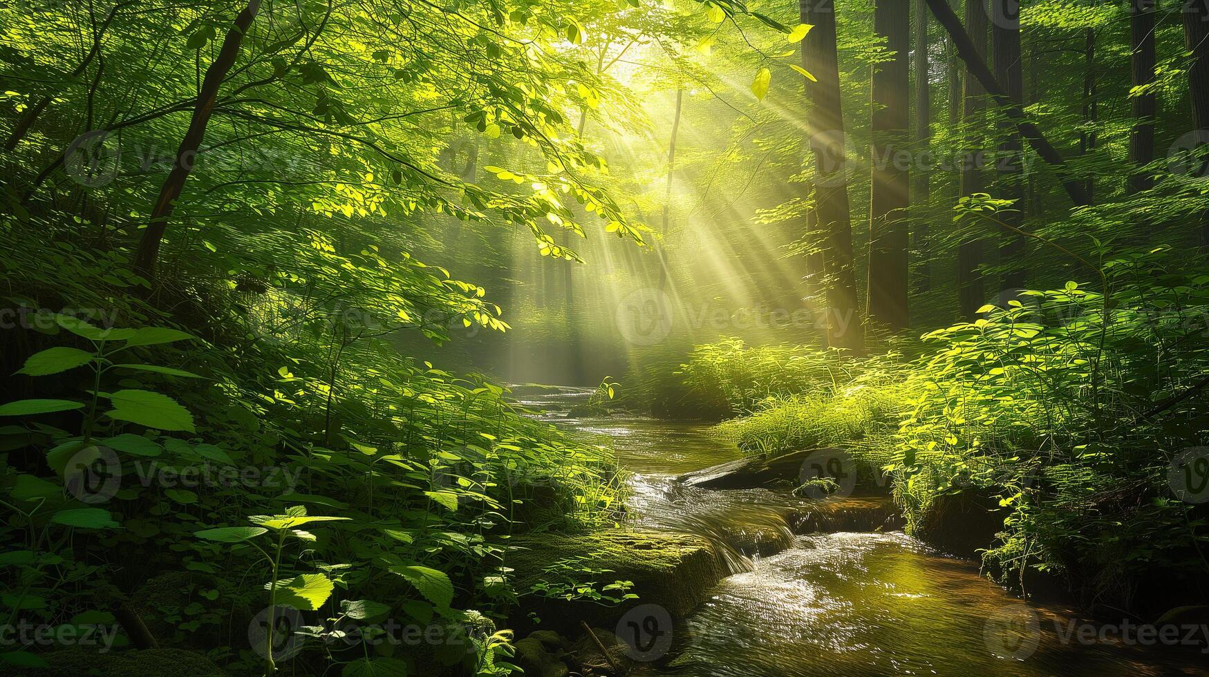 ai generato raggi di sole versare attraverso il baldacchino di un' vivace verde foresta, illuminante il fogliame e un' dolce ruscello fluente al di sopra di rocce. foto