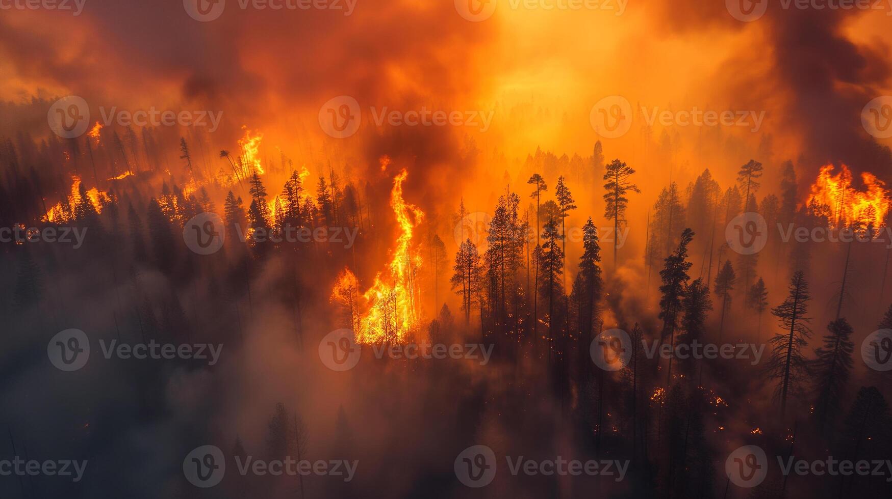 ai generato devastante wildfire consumando un' foresta durante crepuscolo, con intenso fiamme e Fumo crescente contro un sera cielo. foto