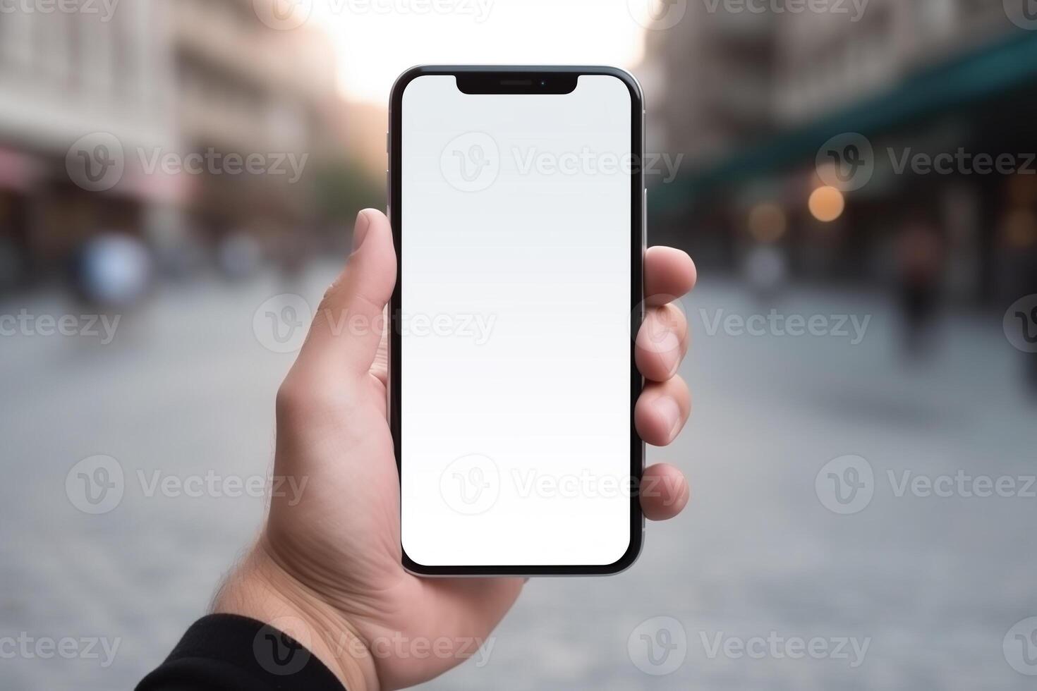 ai generato avvicinamento di un' di persona mano Tenere un' smartphone con un' vuoto schermo, sfocato strada sfondo. foto