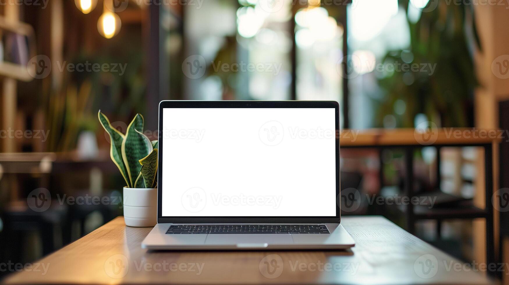 ai generato un' il computer portatile con un' vuoto schermo posto su un' di legno tavolo Il prossimo per un' in vaso pianta, impostato contro un' sfocato bar sfondo. foto