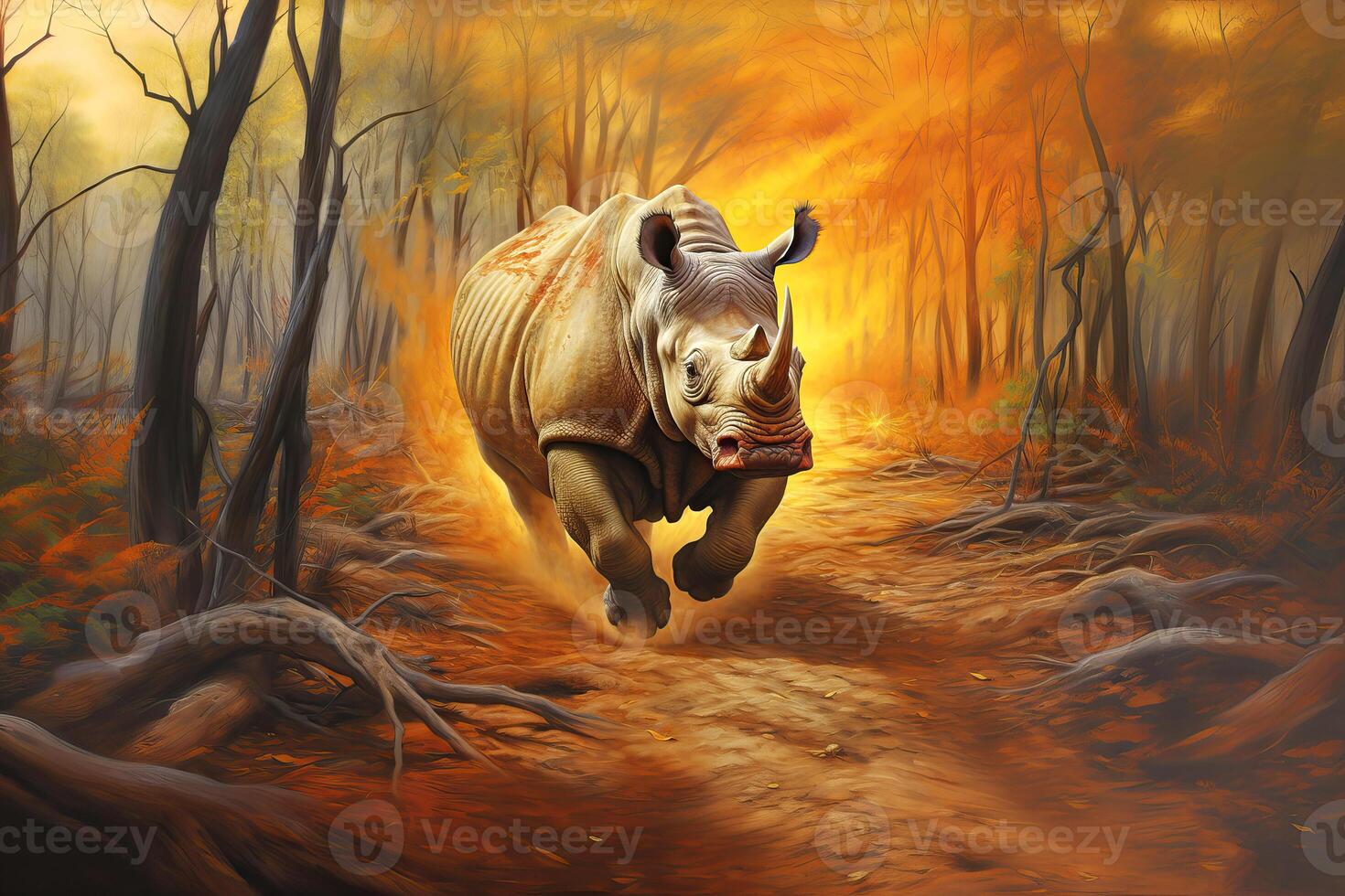 ai generato selvaggio rinoceronte in esecuzione per fuga un' foresta fuoco, Africa, ai generato foto