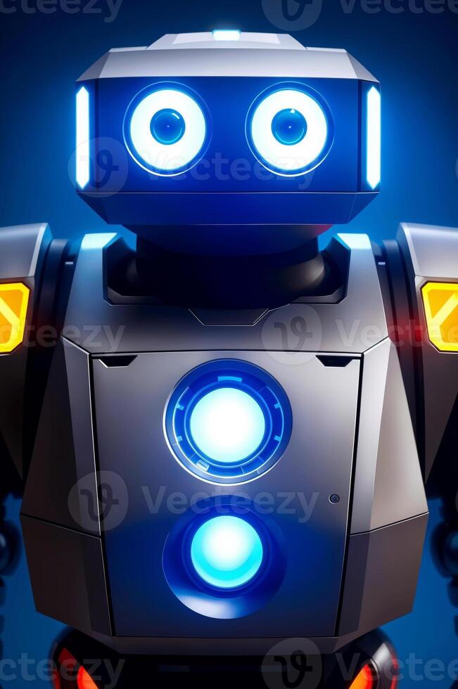 ai generato un' robot con raggiante blu occhi e un' schermo per un' il petto. ai generativo foto