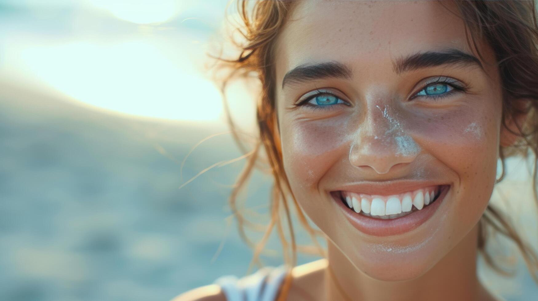 ai generato sportivo un' genuino Sorridi, lei invita spettatori in sua mondo di bellezza e espressione di se foto