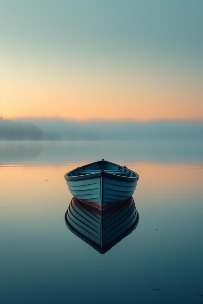 ai generato un' solitario barca alla deriva su un' sereno, vetroso lago a il rompere di alba foto