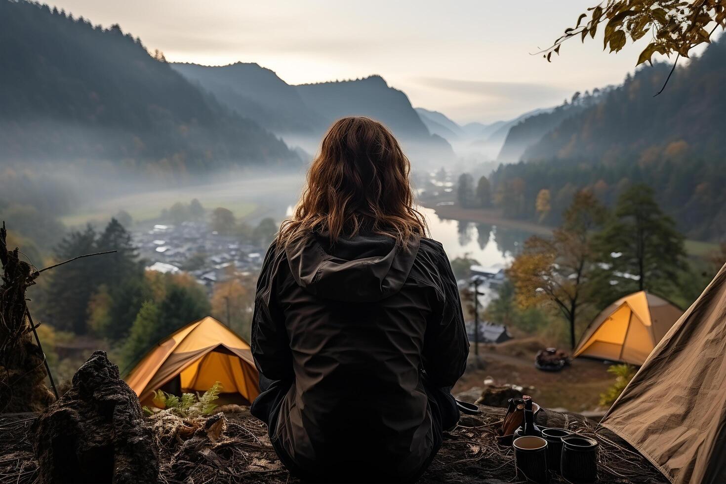 ai generato contemplativo donna godendo il serenità di un' fiume valle a alba foto