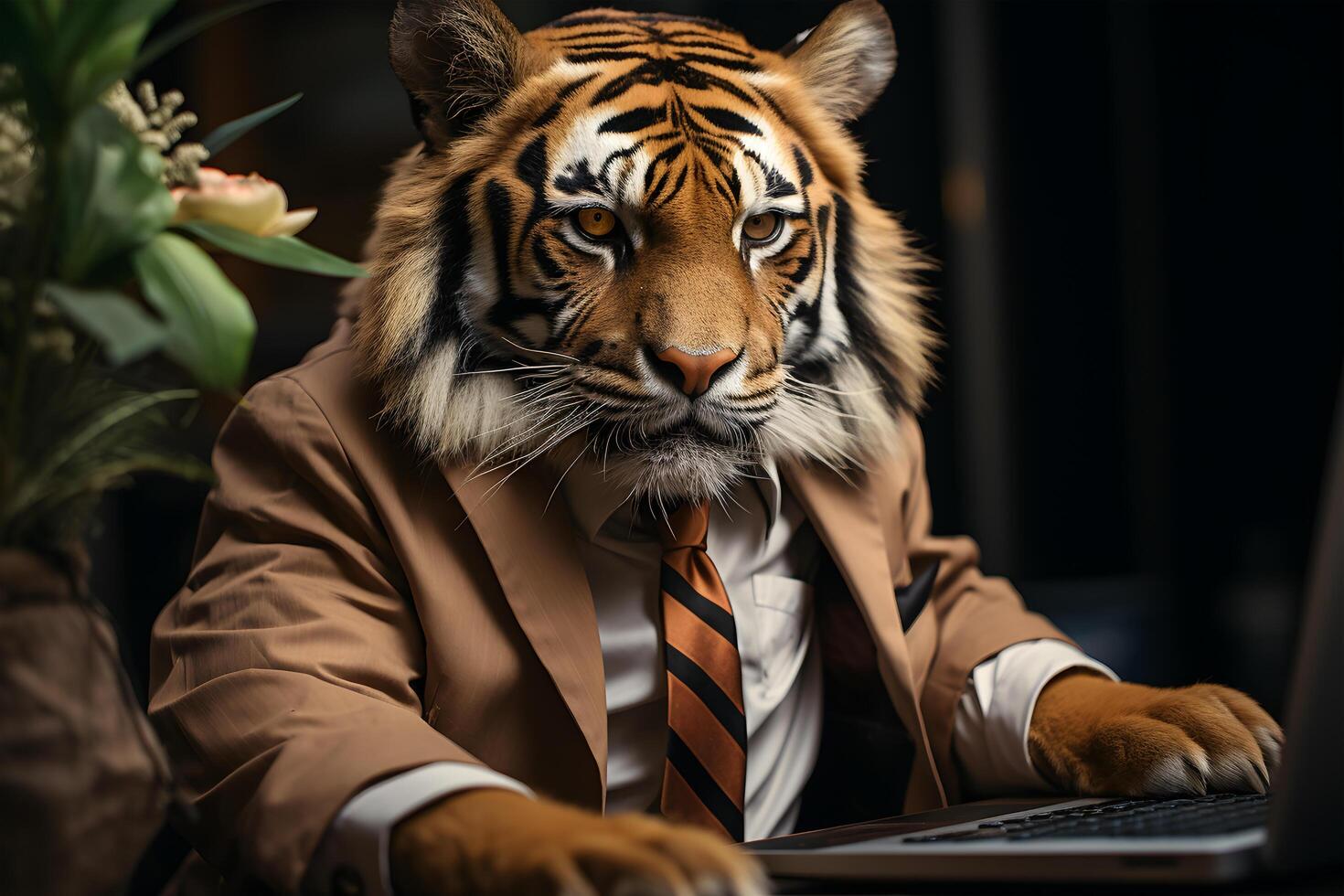 ai generato tigre nel attività commerciale abbigliamento Lavorando intensamente a un' computer nel un' buio ufficio ambientazione foto