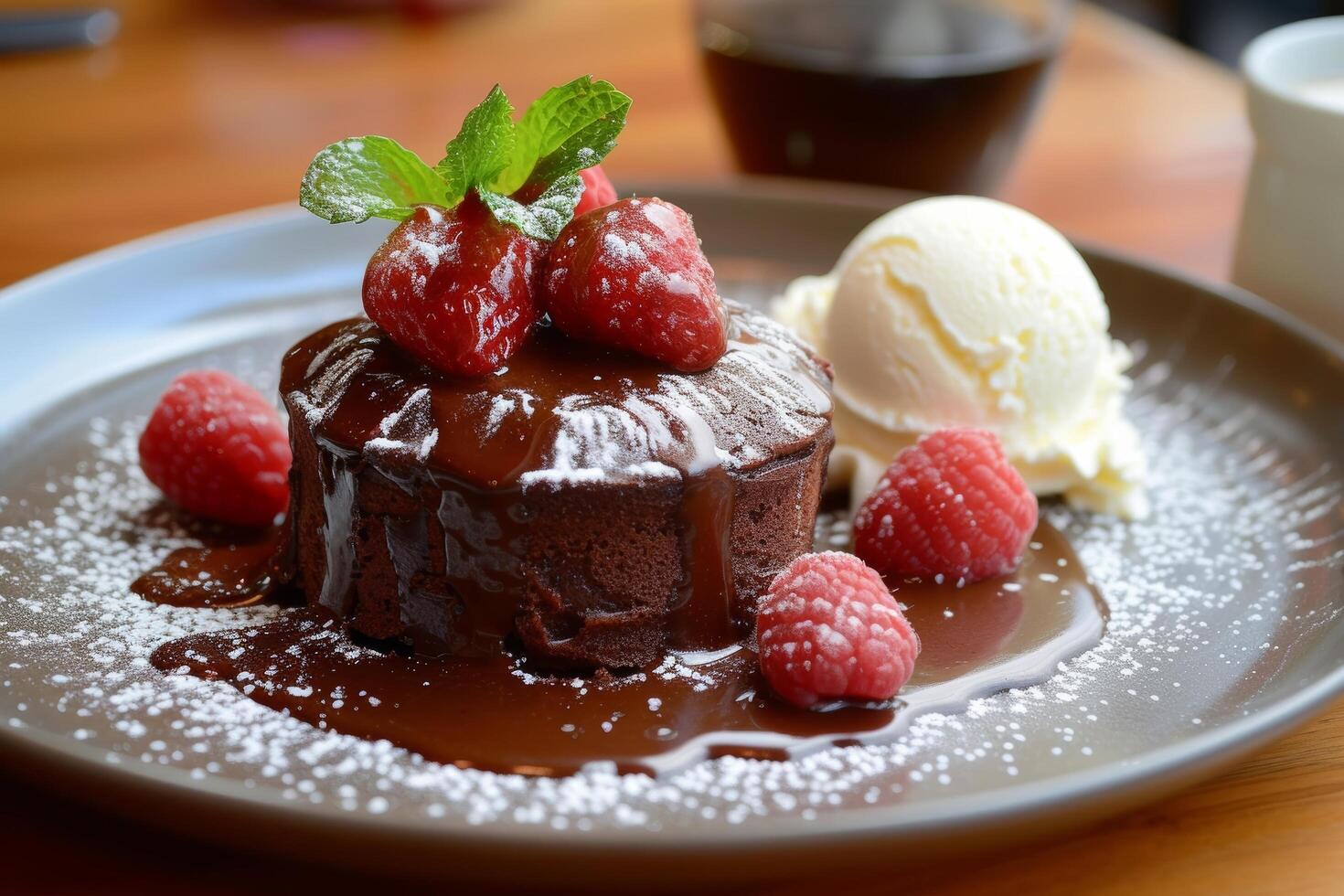 ai generato un' decadente fuso cioccolato lava torta stillicidio con caldo, appiccicoso cacao bontà, servito con vaniglia ghiaccio crema. foto