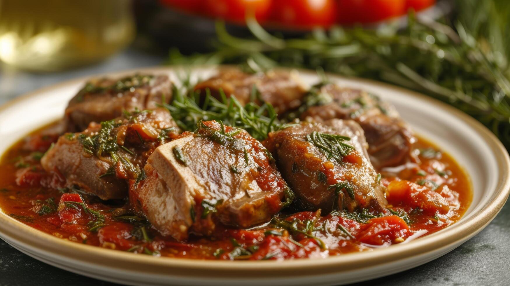 ai generato un' sostanzioso milanese specialità, tenero vitello stinchi brasato nel un' ricco. foto