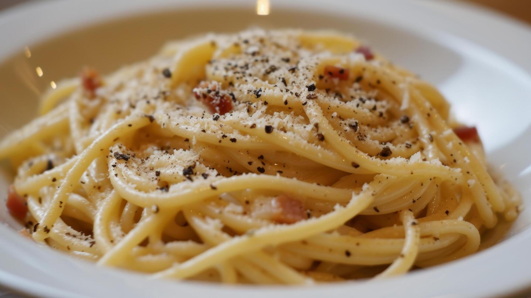 ai generato al dente spaghetti rivestito nel un' succulento salsa di uova, pecorino romano, pancetta, e nero Pepe foto