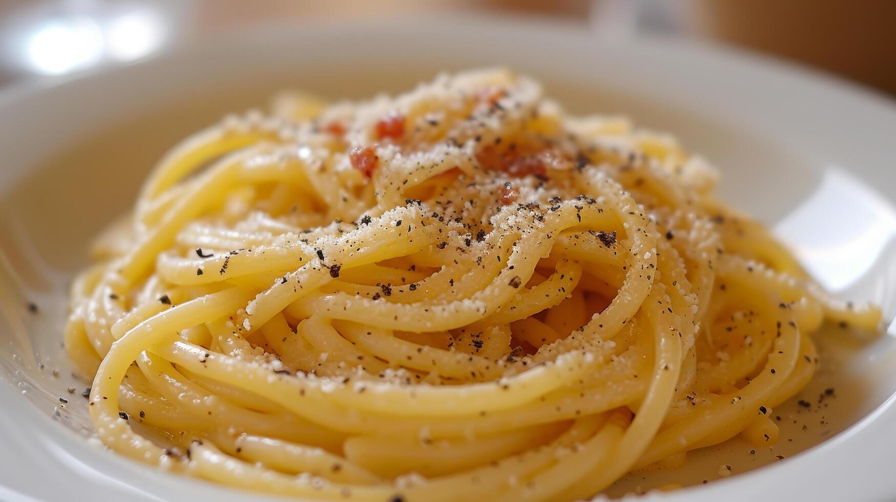 ai generato al dente spaghetti rivestito nel un' succulento salsa di uova, pecorino romano, pancetta, e nero Pepe foto