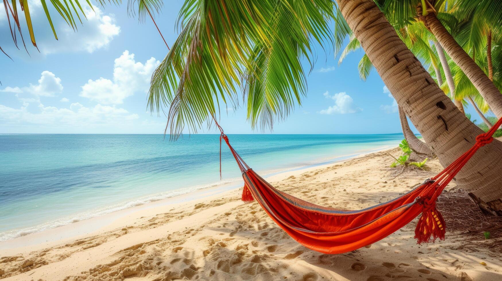 ai generato rilassante nel un' amaca su un' a distanza, frangiato di palma tropicale spiaggia foto