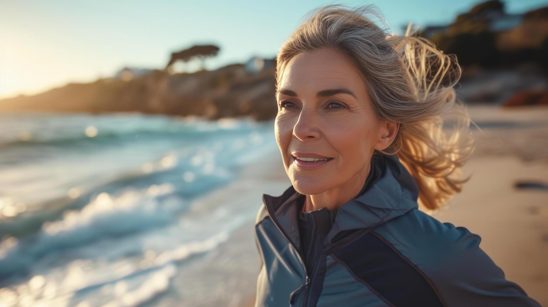 ai generato un' di mezza età donna jogging lungo il litorale di il spiaggia foto