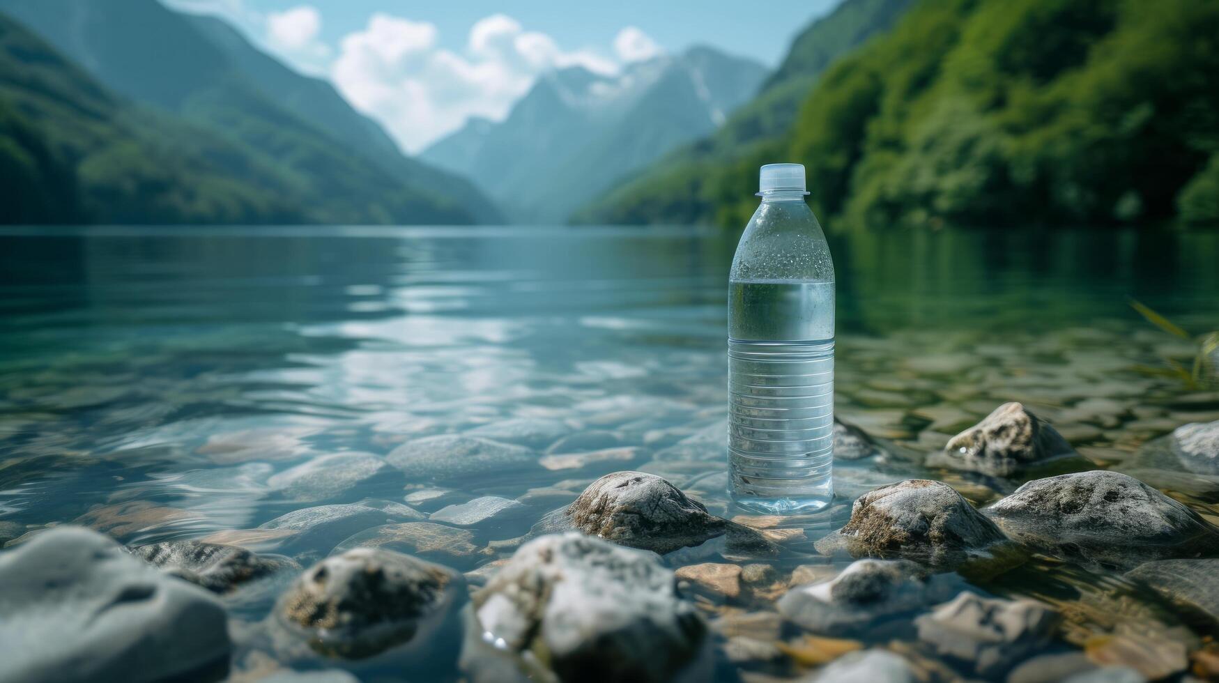 ai generato descrivendo un' bottiglia di puro acqua con un' montagnoso fondale foto