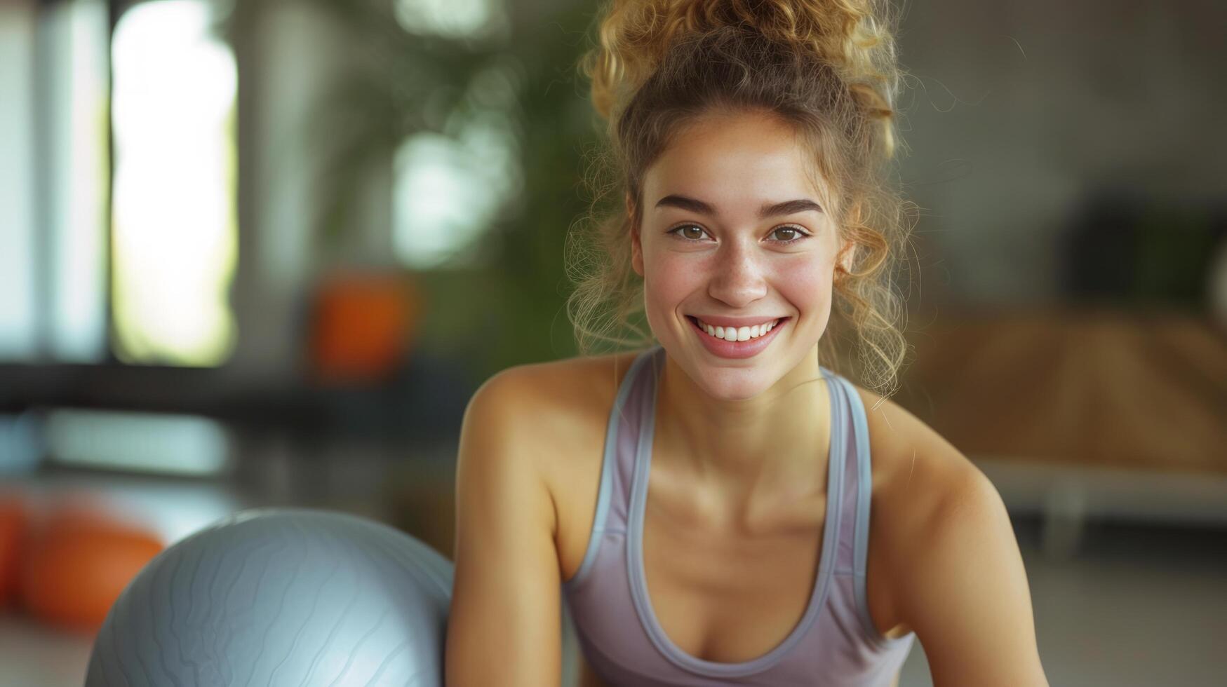 ai generato un' donna nel abbigliamento sportivo si siede su un' fitball e sorrisi e sembra a il telecamera foto