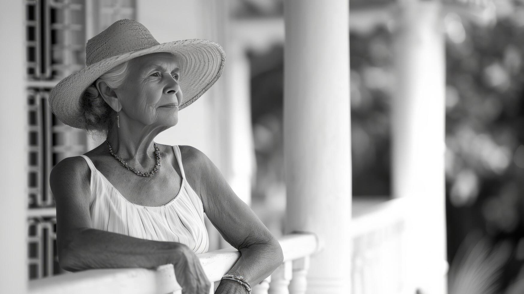 ai generato un anziano donna nel un' di vimini Panama cappello e un' a strisce prendisole sta su il veranda di un' classico bianca Casa foto