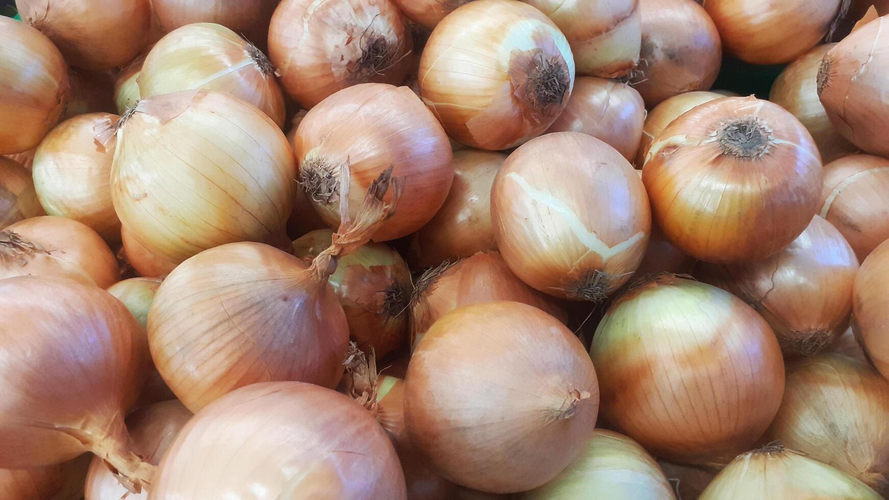 grande mucchio di cipolle nel il mercato foto