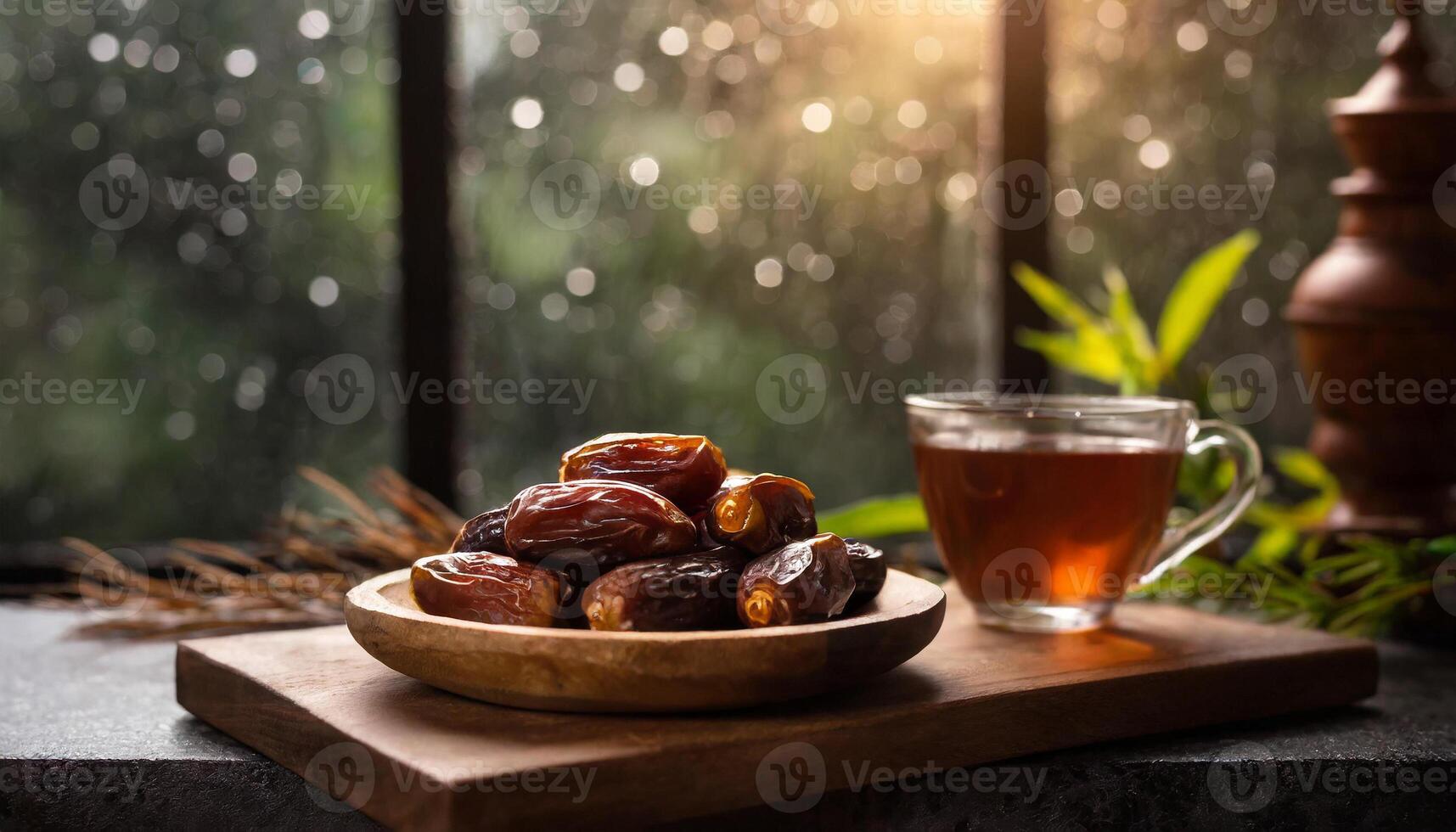 ai generato un' sereno ambientazione di date nel un' di legno ciotola con tazza di tè nel davanti di finestra nel piovoso giorno, cattura il essenza di Ramadan. ideale per iftar inviti o Ramadan saluti foto