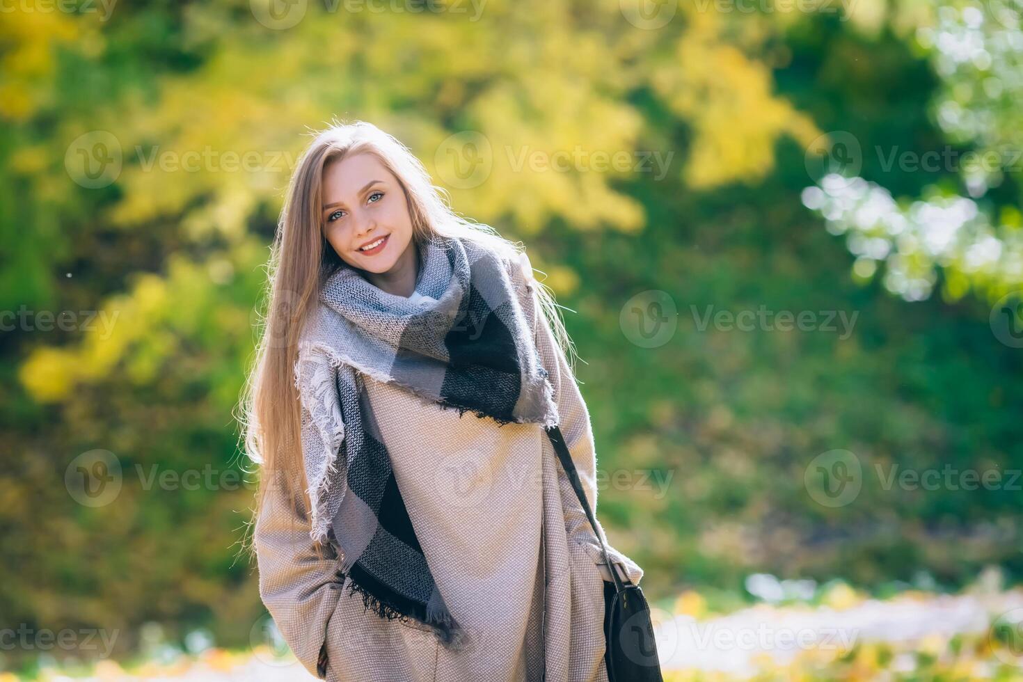 contento sorridente donna, all'aperto, autunno parco. foto