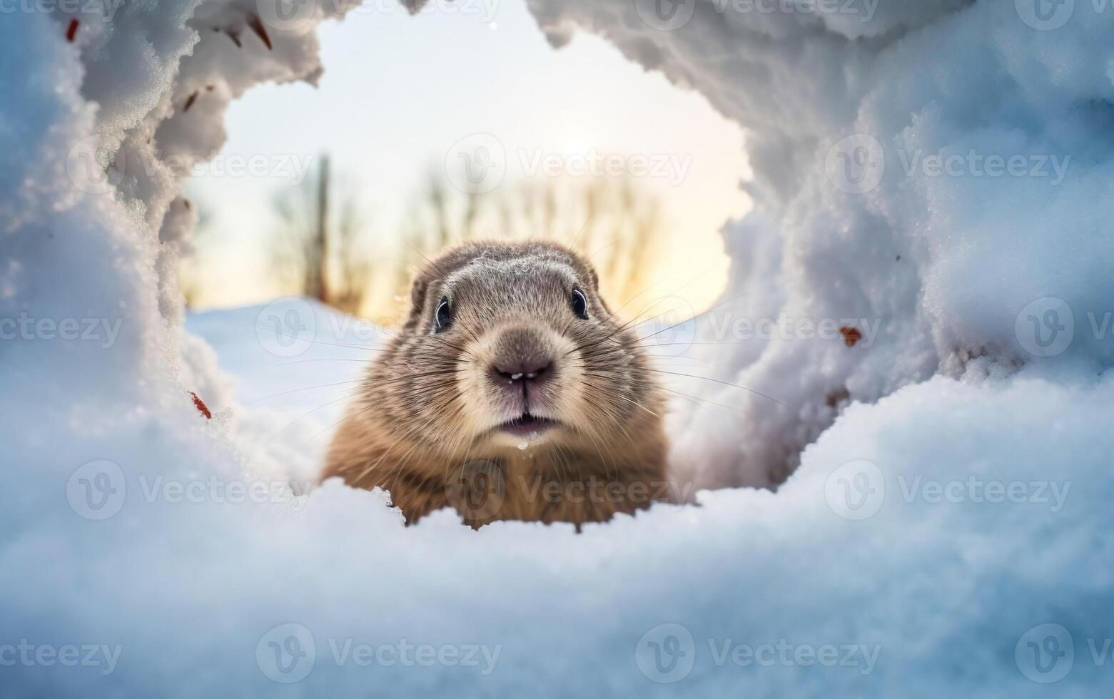 ai generato soffice fotorealistico marmotta nel un' nevoso buco dopo letargo, pov. contento marmotta giorno bandiera o manifesto incorniciato di bianca neve. inizio di primavera umore. ai generativo. foto